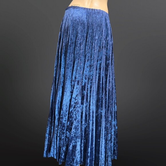 Vintage Linda Lundstrom Blue Crushed Velvet Maxi Swing Skirt Size S Pleated Boho - Picture 8 of 10